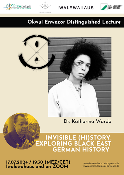 Poster announcing the event. Big black and white picture of Katharina Warda and small image of Okwui Enwezor. Text as in description.