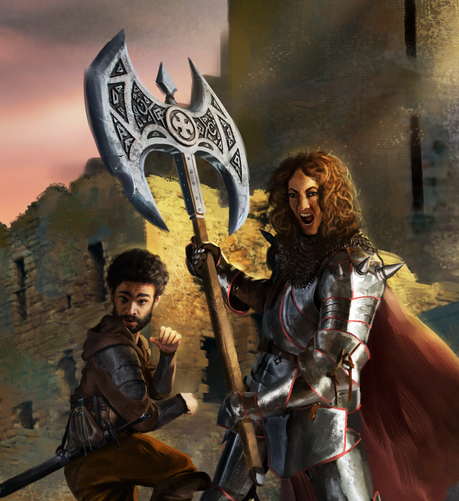 Art from book cover showing Lady Isovar and her ginormous axe.