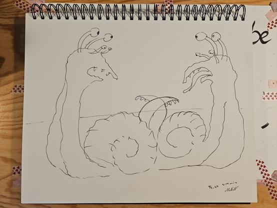 Sketch of two sketchy, wiggly snails looking at each other.