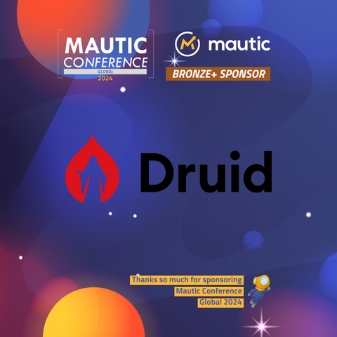 Promotional graphic for Mautic Conference 2024 featuring a Bronze Sponsor, Druid, with colorful abstract background and sponsor logos.