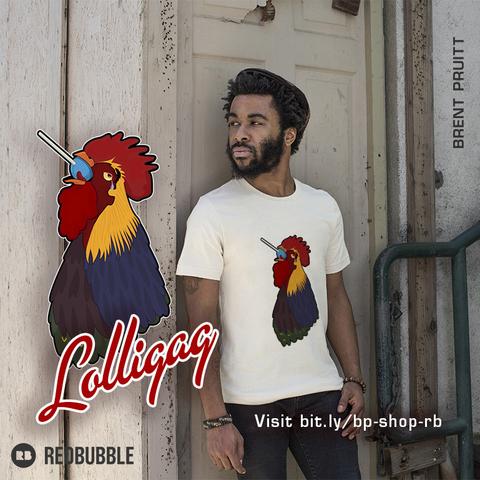 promo image for my Lolligag artwork: a gent stares into the distance, as they lean against a wall at the foot of a stairwell. the gent wears a lovely tee shirt w/ my Lolligag design.
the design is enlarged on one side of the image to show more detail.
Lolligag is the head and breast of a rooster; it has a lollipop stuck in its beak; a single tear drops from the corner of its eye which rolls back in ecstasy