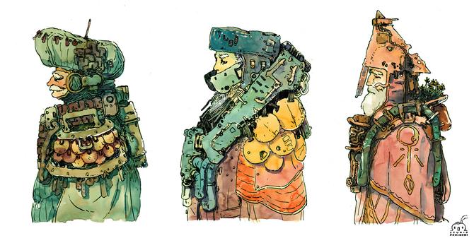 3 character drawings in watercolor