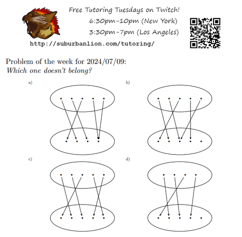 An advertisement with a flaming lion head logo and QR code,
with text reading as follows:

Free Tutoring Tuesday on Twitch!
6:30pm-10pm (New York),  3:30pm-7pm (Los Angeles) 

http://suburbanlion.com/tutoring/ 
    
Problem of the week for 2024/07/02:

Which one doesn't belong?

Four diagrams of maps:
a) X_5 to Y_4 {X1:Y2,X2:Y3,X3:Y1,X4:Y4,X5:Y4}
b) X_5 to Y_5 {X2:Y2,X2:Y3,X3:Y1,X4:Y4,X5:Y3}
a) X_5 to Y_5 {X1:Y2,X2:Y3,X3:Y1,X4:Y5,X5:Y4}
b) X_4 to Y_5 {X1:Y2,X2:Y3,X3:Y1,X4:Y4}