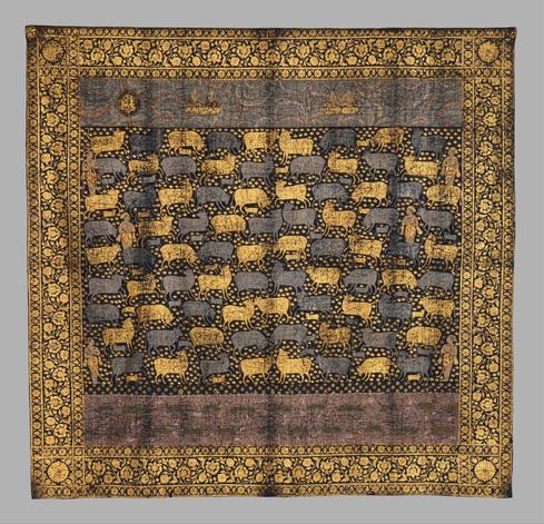 official museum photo of the pichhwai, full front view on grey background

"Large painted cloths (pichhwais) were made to hang behind the main image in a temple. This textile was produced for the Festival of Cows (Gopashtami), which occurs in the late autumn to celebrate Krishna’s elevation from a herder of calves to a cowherd. Note the range of cows and frolicking calves that populate the flower-strewn field. The indigo ground and extensive use of gold and silver are typical of pichhwais that were made for a community of Sri Nathji devotees who moved to the Deccan during this period."