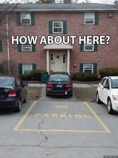 Photo of some cars parked out in front of an apartment building, in formal parking spots and facing the building. There is an open spot in the middle, which is right in front of a wide sidewalk leading to the front door. The paint on that open spot reads “No Parking.”

Behind it, a car has driven past that spot and onto the wide sidewalk, then parked there.

Meme text reads, “How about here?”