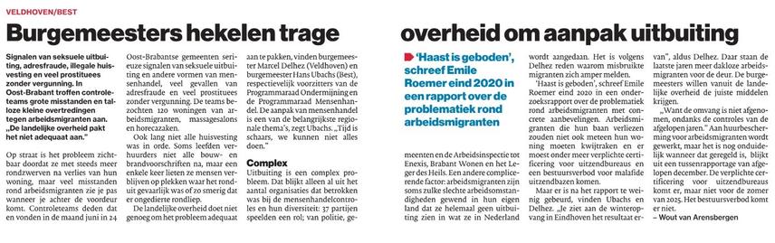 Krantenartikel waarbij inspecties in 24 gemeente gevallen van arbeidsuitbuiting aantroffen. Er wordt vanuit overheid te weinig gedaan om dit te voorkomen.