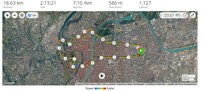 itinerary from Villeurbanne, Place Bellecour, Fourvière, Vaise, Croix Rousse and back home through Parc de la Tête d'Or