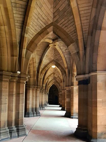 A series of vaulted arches which make up the undercroft of Glasgow University's main buildings.