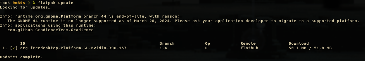 Screenshot of the flatpak update comment running inside my terminal, showing I got an updatefor my old video card's driver, the package id is org.freedesktop.Platform.GL.nvidia-390-157 and video card is Nvidia GeForce GT 430, it's pretty old.