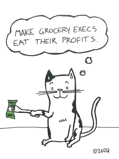 a black and white cat sits and holds a dollar bill on a fork and thinks "make grocery execs eat their profits."