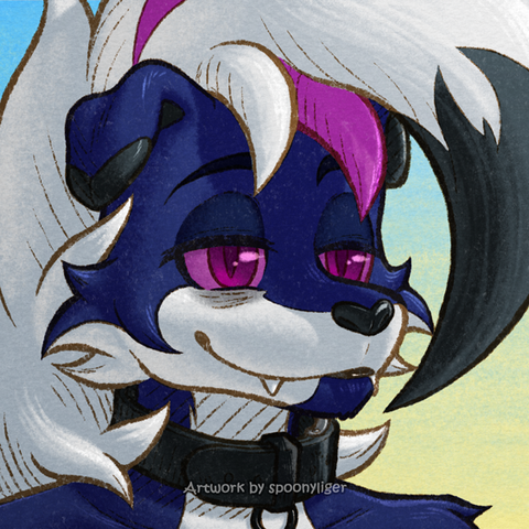 Digitally handmade profile artwork of an original character based on the Lycanroc Pokémon, facing forward towards the right side of the image at a 3/4 angle with a tired, smiling facial expression, on an orange gradient background.
