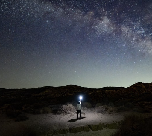 A person shines a light at the stars above