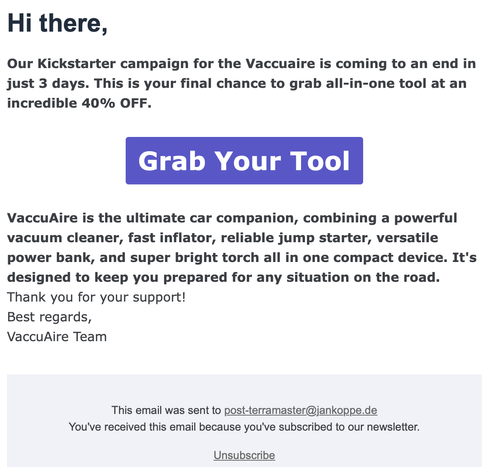 Screenshot of a marketing e-mail by some weird vacuum cleaner company to an e-mail that I used specifically only for the terramaster kickstarter.