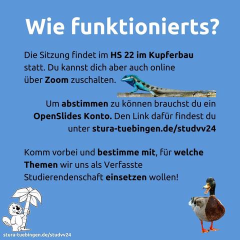 Wie funktionierts?

Die Sitzung findet im HS 22 im Kupferbau statt. Du kannst dich aber auch online über Zoom zuschalten.

Um abstimmen zu können brauchst du ein Openslides Konto. Den Link dafür findest du unter stura-tuebingen.de/stufvv2024 

Komm vorbei und bestimme mit, für welche Themen wir uns als Verfasste Studierendenschaft einsetzen wollen!