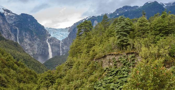 photo - forest. waterfalls and glacier, Aysén region, Chile