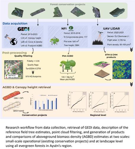 schematic - Research workflow from data collection, retrieval of GEDI data, description of the reference field tree estimates, point cloud filtering, and generation of products and comparisons of aboveground biomass density (AGBD) estimates at two scales: small-scale operational (existing conservation projects) and at landscape level using all evergreen forests in Aysén’s region.