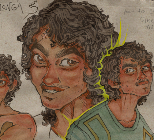 scan of a watercolor illustration of my character sam. he is smiling and looking to the side.