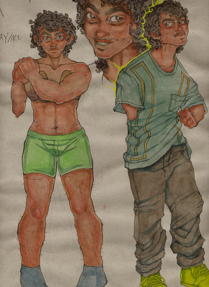 group of illustrations of my character sam.  he's  trans masc, filipino guy with a visible birth defect of an underdeveloped arm.