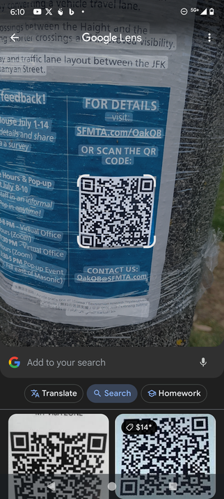A QR code for "Oak Street Quick Build", a planning discussion from the SF MTA