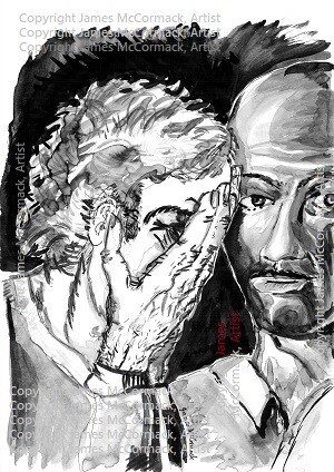 I'm just a poor boy, I need no sympathy  

A pen and ink drawing of two people, one offering sympathy to the other who is full of sadness and covering his face with his hands.