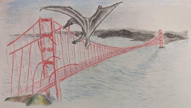 Rodan tearing a cable from Golden Gate Bridge, causing suspenders to break and fall away