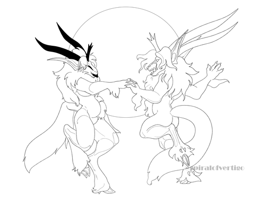 The inks of a goatman dancing with his shadow self.