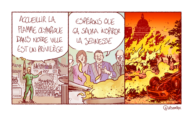Une tribune officielle regarde défiler la flamme olympique, portée par un jeune en survêtement : « Accueillir la flamme olympique dans notre ville est un privilège ! » Puis d’enchaîner dans un sourire fat : « Espérons que ça saura inspirer la jeunesse… » Dans la dernière case, la flamme est devenue celle de la rue : un brasier titanesque crépite désormais au cœur de la cité, réduisant en cendres les derniers vestiges d’un monde en ruines depuis des décennies, comme la purification ultime d’une société malade d’elle-même qui ne saurait guérir qu’à coups de jerrycan. [fin]