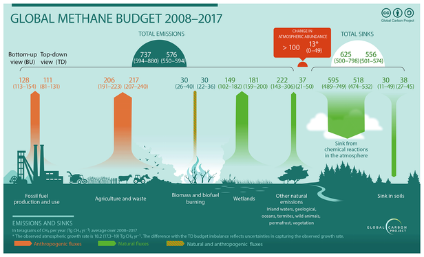 Global Methane Budget 2008-2017 as schematics in two different analysis pathways: top down and bottom-up. 
Both vary in their emission and sink values, implying the uncertainty around current methane emission and budget.