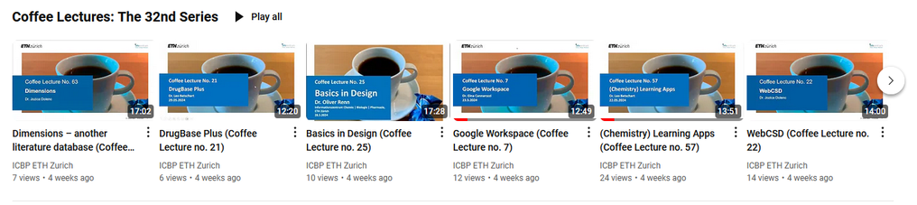 Preview of youtube thumbnails from the most recent coffee lecture series. Among the topics of the videos are Basics in design, Google Workspace, (Chemistry) learning apps.
