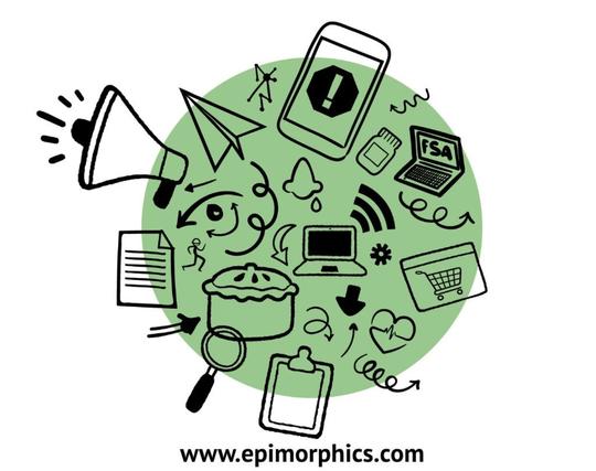 Decorative image with a large light green circle background overlaid with some data, food and technology themed sketch style icons in black.  Underneath the text for the link: www.epimorphics.com in black and green text