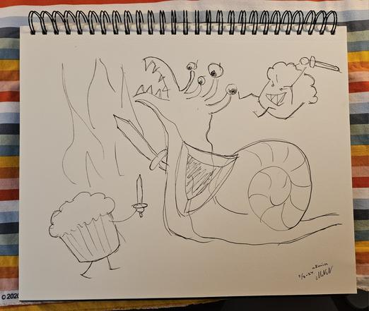 Rough black and white drawing of a snail in a sword battle with two cupcakes.