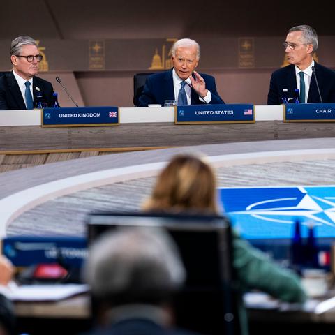 President Biden meeting with world leaders at a NATO summit in Washington on Wednesday. “The fact that NATO remains the bulwark of global security did not happen by accident,” Mr. Biden said during the summit’s opening ceremony.