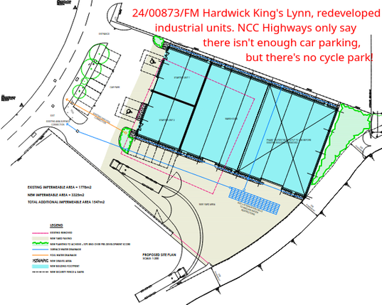 plan of an unremarkable rectangular unit layout divided into smaller spaces, with car parking painted on the ground and demo of a lorry turning, but no cycle parking. Poor.