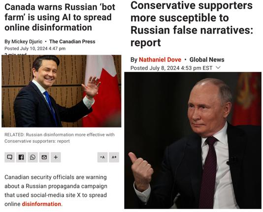 Two articles about conservative canadians succombing to Russian propaganda with image of Poilievre and Putin