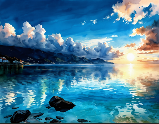 Brilliant blue seascape with clouds clearing over a spit of land, with a small village visible to the left, at sunrise.In the foreground a few rocks are visible in the shallow turquoise water at the near shore. Watercolor style.