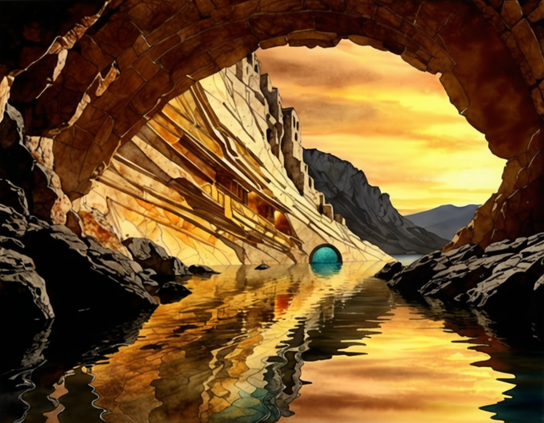 View from a cave archway, half-filled with water, that is the crumbling remnant of an ancient supercollider tunnel, in a rocky western landscape under a golden sunset sky. In the distance, another section of the tunnel is visible, glowing with green light.