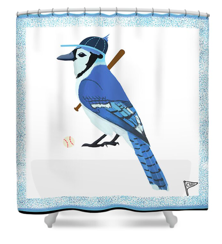 Our blue jay mascot is shown playing baseball on a shower curtain.