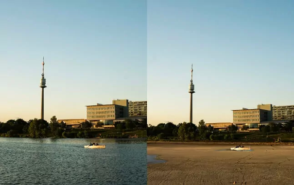Avant-après. La tour Alte Donau qui surplombe le fleuve Danube, à Vienne, et qui en 2070 apparaît totalement asséché.