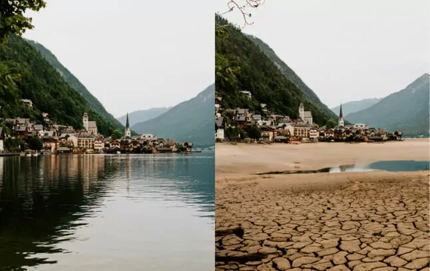 Avant-après. Le village d’Hallstatt, au bord du lac Hallstattersee, inscrit au patrimoine de l’Unesco, lui aussi asséché.