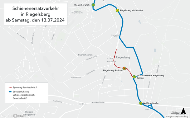 Umleitungsplan für den Ersatzverkehr in Riegelsberg. Südlich der Haltestelle Rathaus ist eine Ersatzhaltestelle eingezeichnet.

Quelle: Saarbahn