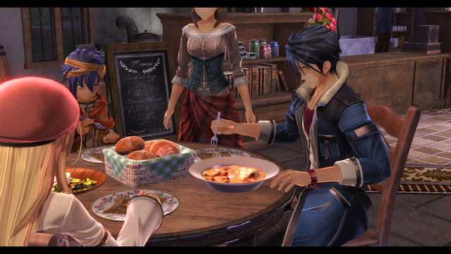 A screenshot from the video game "The Legend of Heroes: Trails Through Daybreak". We see three characters, two girls and one man, sitting on a table and eating a meal.