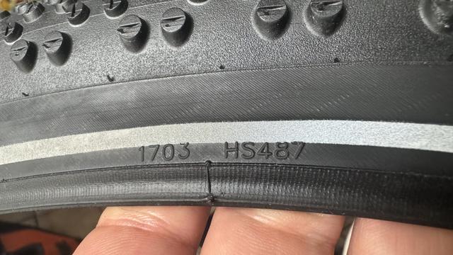 Nahaufnahme eines Fahrradreifens, der sein Laufmuster und die Markierungen "1703 HS487" zeigt.