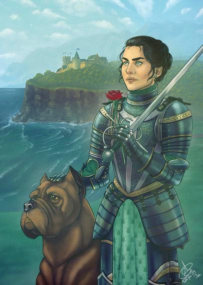 Digital illustration with a painted background consisting on a landscape of a cliff with a big castle and green trees. Behind it we can see some mountains and clouds on the blue sky. We can also see the sea, foamy waves and blue green waters against the dark rocks. The background also has some grass that bring us towards the front of the composition. Here a young woman in full armor poses with her big dog. The woman has green eyes and dark hair almost black up in a full bun. She has a serious look, looking in the distance. In her left hand she is holding a long sword and a red rose, while the right hand rests on the dog's head. She wears a dark metal plate armor with golden ornaments like plants and some silver details. Underneath we can see she's wearing a green gambeson and a piece of clothing with the symbol of her region: a drop with two spears crossing over it. The dog is brown and since it's a fantasy race, I made it to resemble a cane corso. His eyes are golden and he is also looking in the distance very calm and noble.