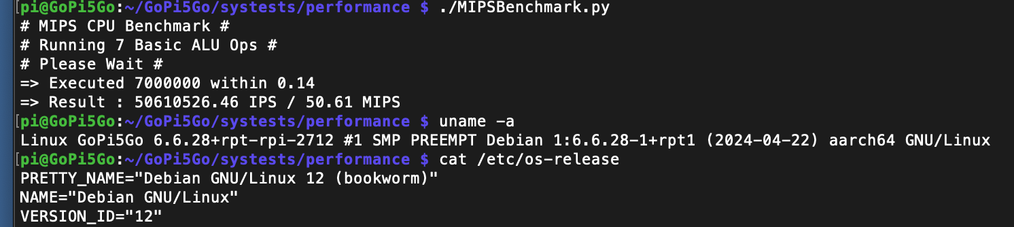 Run of Alauddin's MIPs Benchmark showing 50.61 MIPS result for Python 3.11.2 running on a Raspberry Pi 5 with 64-bit PiOS Bookworm