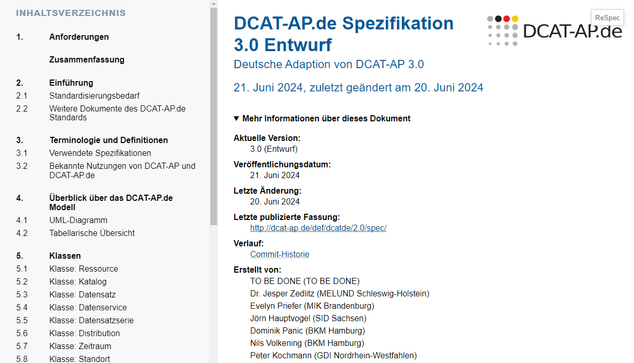 Screenshot der ReSpec der DCAT-AP.de Spezifikation