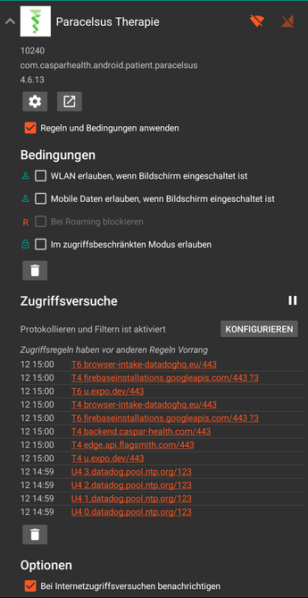 Screenshot in der #NetGuard APP in der die URLs der Verbindungsversuche der Paracelsus Therapie APP gelistet sind.