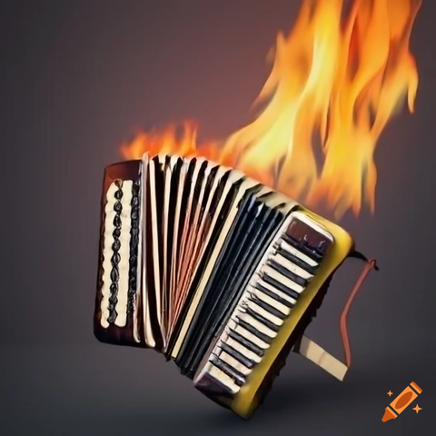 A dodgy AI-generated image of a piano (?) accordion floating unsupported in a grey room, bellows stoking a jolly fire.