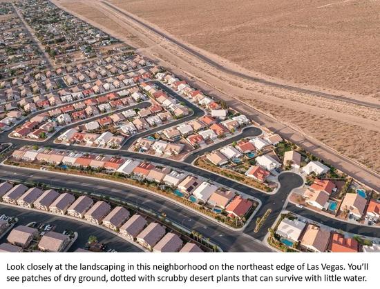 photo - Look closely at the landscaping in this neighborhood on the northeast edge of Las Vegas. You’ll see patches of dry ground, dotted with scrubby desert plants that can survive with little water