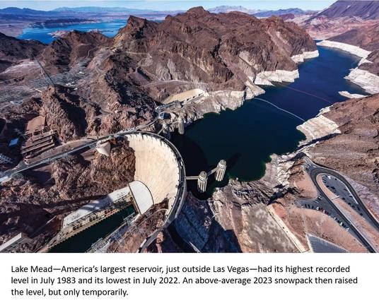 photo - Lake Mead—America’s largest reservoir, just outside Las Vegas—had its highest recorded level in July 1983 and its lowest in July 2022. An above-average 2023 snowpack then raised the level, but only temporarily.