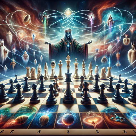 Generate a chessboard where humans are the chess pieces and aliens are the puppetmasters controlling the figures.
